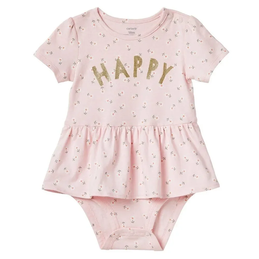 NEW! CARTER’S Girls 4 Pc Happy Peplum Bodysuit Pant Set- Pink, Grey & Blue Denim